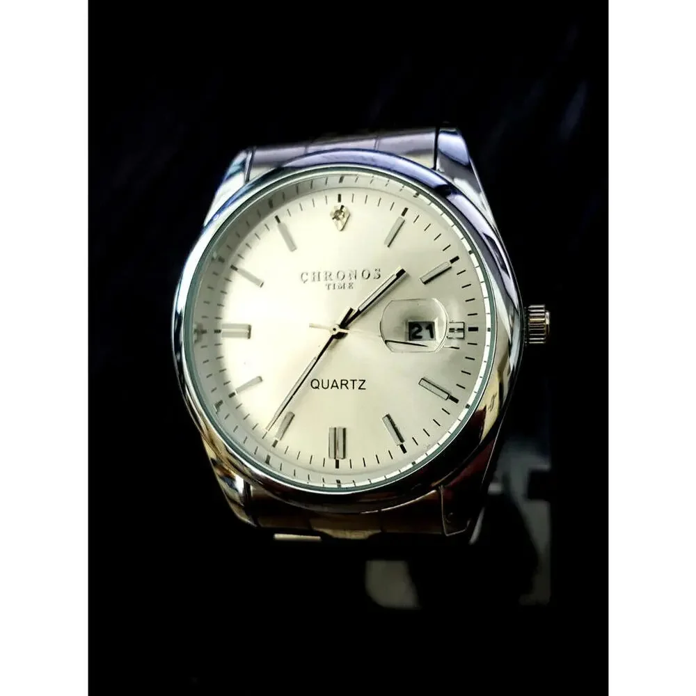 Chronos Men's Date Watch Silver Burst Diamond Dial 90's‎
